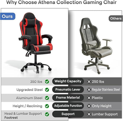 Athena Collection Ergonomic Gaming Chair with Footrest & Headrest Lumbar Support, Height Adjustable Swivel Office Chair Reclining Game Chair Leather High Back Computer Chair for Adults, Red