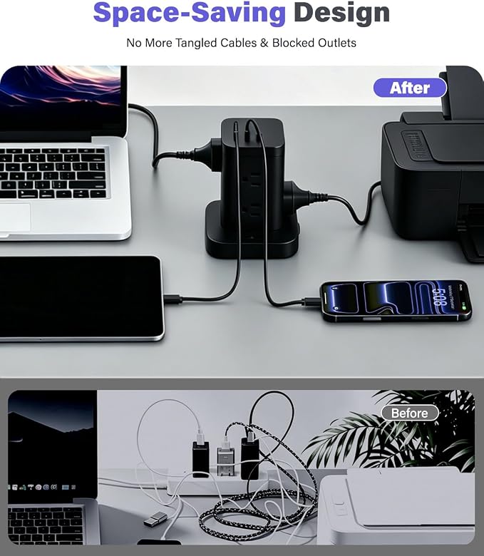 Power Strip Tower with Surge Protector 1800J, Fast Charging Tower PD20W USB-C Ports with 8 AC Outlets, 10ft Extension Cord for Home Office Dorm Room, Black