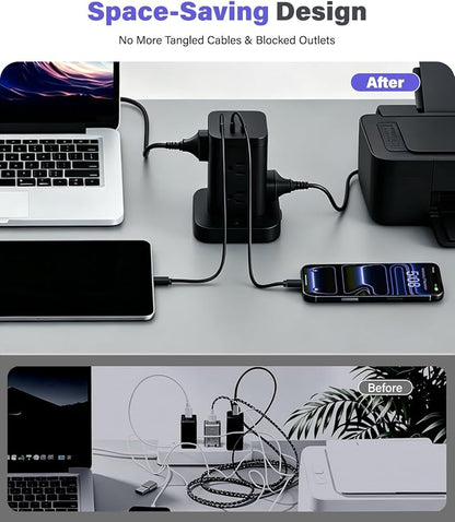 Power Strip Tower with Surge Protector 1800J, Fast Charging Tower PD20W USB-C Ports with 8 AC Outlets, 10ft Extension Cord for Home Office Dorm Room, Black