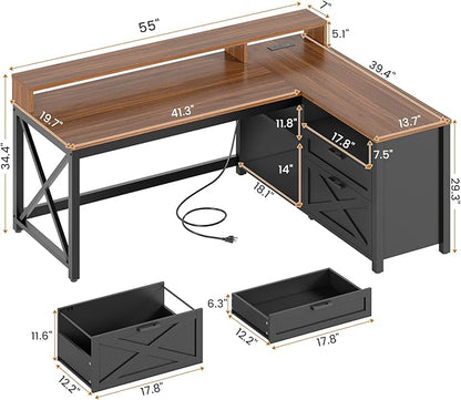SEDETA L Shaped Gaming Desk with Drawers, 55" Farmhouse Computer Desk with File Drawer and Storage Shelves, Corner Gaming Desk with LED Lights and Monitor Shelf, Black and Brown