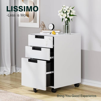 Mobile File Cabinet,3 Drawer Locking Storage Filing Cabinet,Office Metal Storage Cabinet on Wheels for Legal/Letter/A4 File(Fully Assembled，White)