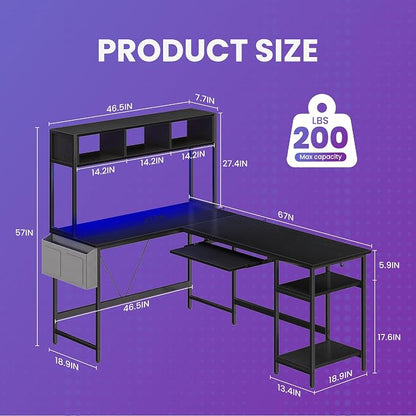 DUMOS 67" L Shaped Gaming Desk, Corner Desks for Compact Spaces with Keyboard Tray & Storage Shelf,Reversible Computer Desk with LED Lighting,Metal Frame PC Gaming Table for Home Office, Black