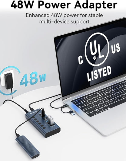 Powered USB 3.2 Hub, ACASIS 6 Ports USB 3.2 Hub(3 USB-A 3.2 Ports + 3 USB-C 3.2 Ports), Aluminum USB Hub Powered with 48W Power Adapter, USB Hub for PC/Laptop, Computer, Flash Drive, Printer, Camera