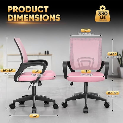 Magshion Ergonomic Office Chair Pack of 2, Mid-Back Mesh Desk Chair, Adjustable Swivel Computer Chair with Lumbar Support & Breathable Backrest for Gaming, Work, Study, 300 Lbs Capacity, Pink