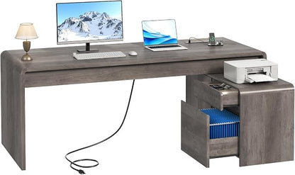 Mid-Century Modern 78" L-Shaped Executive Desk with Independent Mobile File Cabinet, Large Home Office Desk with Drawers and 4 AC + 2 USB Power Outlets, Waterfall Edge Design, Grey Oak