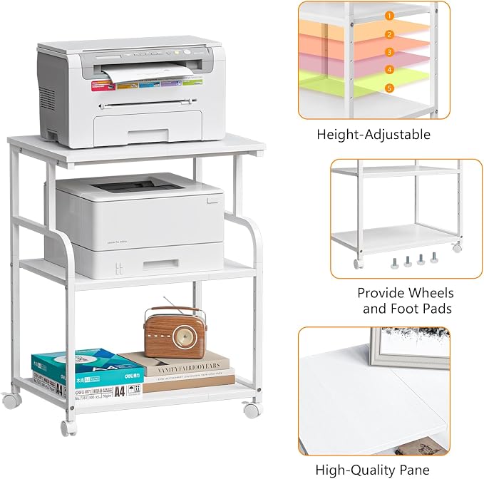 3-Tier Large Printer Stand with Storage, Rolling Printer Cart with Lockable Wheels for Home, Office (White)
