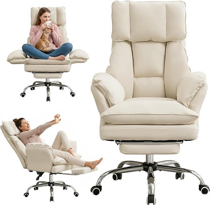 Cloud Cross Legged Office Chair with Footrest,Leather Big and Tall Executive Ergonomic Chair, Flip Armrests for Pets,155° Reclining Computer Wide Desk Chair for Home,Office (Beige)
