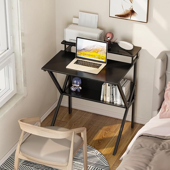 ODK Small Desk, 27.5 Inch Computer Desk for Small Spaces, Study Desk with Storage & Monitor Stand, Black