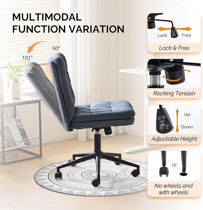 VINGLI Mid Back Armless Office Desk Chair with Wheels/no Wheels,360°Rocking Swivel Vanity Chair with Thickened Cushion,Adjustable Height Rolling for Reading Room, Make up, Linen Navy Blue