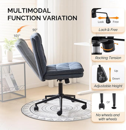 VINGLI Mid Back Armless Office Desk Chair with Wheels/no Wheels,360°Rocking Swivel Vanity Chair with Thickened Cushion,Adjustable Height Rolling for Reading Room, Make up, Linen Navy Blue