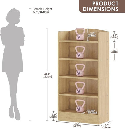ALISENED 5-Tier Bookcase, Open Bookshelves and Bookcases with Storage Shelves, Floor Standing Unit, Display Storage Shelves for Bedroom Library Living Room Home Office, Vintage Oak