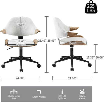 Art Leon Swivel Desk Chair, Mid Century Modern Office Chair with Wheels, Boucle Fabric Upholstered Arm Chair, Adjustable Height Task Chair with Metal Base, Washed Oak Bentwood, White