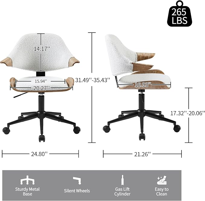 Art Leon Swivel Desk Chairs, Set of 2, Mid Century Modern Office Chairs with Wheels, Boucle Fabric Upholstered Armchairs, Adjustable Height Task Chairs with Metal Base, Washed Oak Bentwood, White