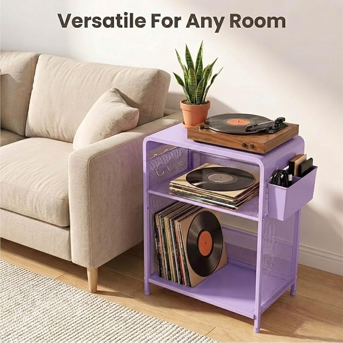 ECOLOVI 3 Tier Printer Stand for Under Desk, Height Adjustable Shelf Small Printer Table with 3 S-Hooks & Basket, Heavy Duty Industrial Storage Shelf for Home Office (Purple Metal)