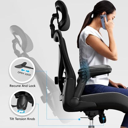 Ergalithic Ergonomic Office Chair-Computer X-Shaped Chair Mesh PU Leather with Adjustable Lumbar Support-Executive Desk Chair High Back with Headrest Flip-Up Arms for Long Hours (Black)