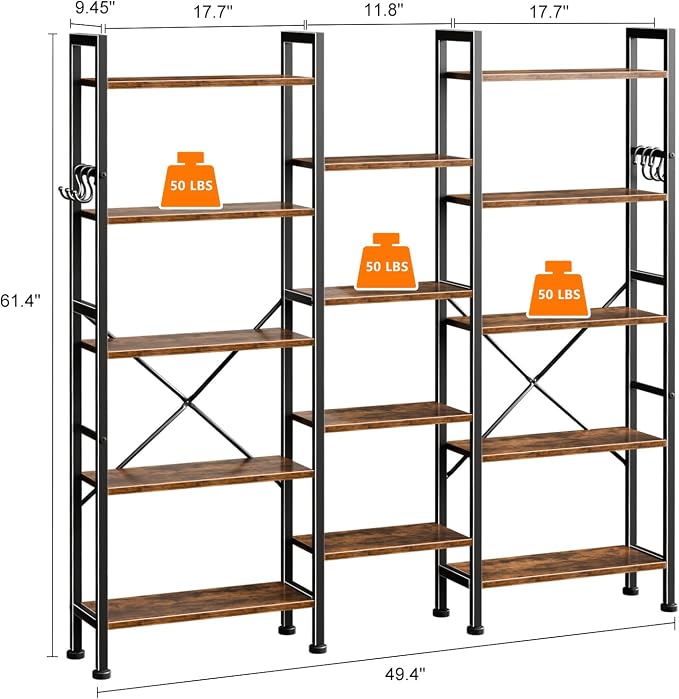 Furologee Triple Column 5 Tier Bookshelf, Large Bookcase with 14 Display Shelves, Adjustable Book Shelf with 6 Hooks, Rustic Bookshelves Storage Organizer, Shelving Unit for Living Room, Bedroom