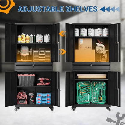Fesbos 73" Metal Cabinet-Black Heavy Duty Rolling Storage Cabinet Steel Cabinets with Wheels, Shelves, Lockable Doors and Drawers- for Garage, Pantry, Warehouse - Assembly Required