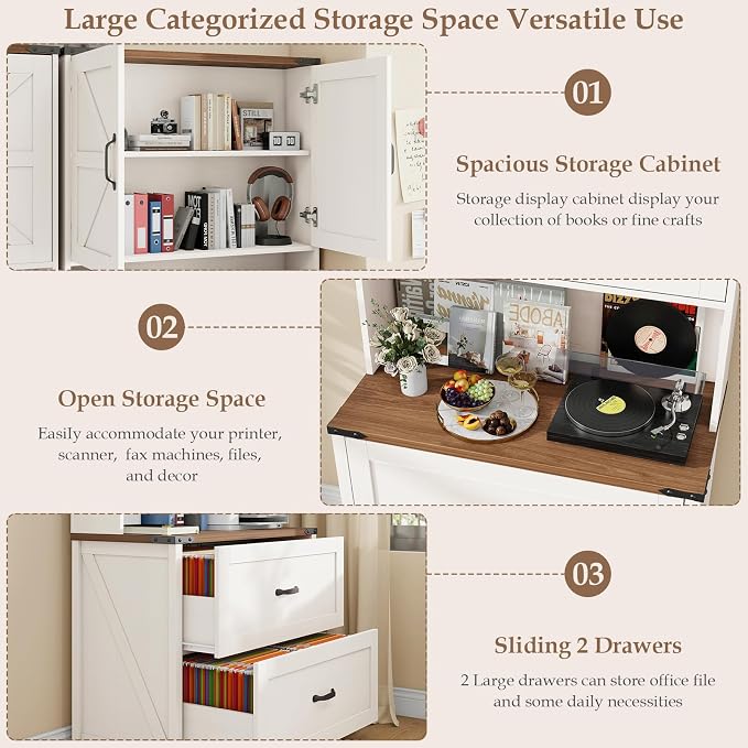 Halitaa File Cabinet 2 Drawers Lateral File Cabinet with Adjustable Shelf for Letter/Legal/A4 Size Hanging Files, Large Wood File Storage Cabinets Printer Stand for Home Office, Rustic White