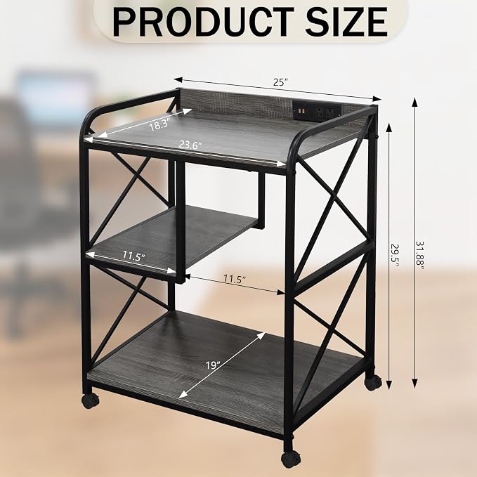 Printer Stand with Storage Shelf, Large Printer Table with Wheels for Home Office, 23 x 18 Inch Printer Shelf with Power Outlet USB Port, Computer Tower Stand, Grey