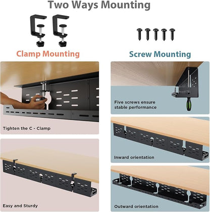Univivi Under Desk Cable Management Tray - 48" Steel Cord Organizer, No-Drill C-Clamp & Screw Mount for Office/Home, Effortless Wire Management (Black)