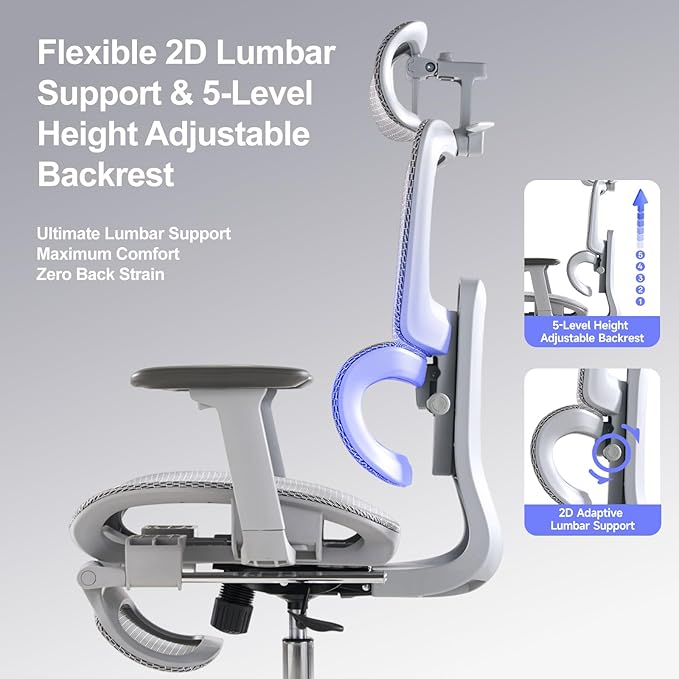 Office Chair with Footrest, Ergonomic Chair with 3D Headrest, Computer Chair with Adjustable Backrest & 3D Armrest, Gaming Chair with Adaptive Lumbar Support, Mesh Backrest & Cushion, Grey
