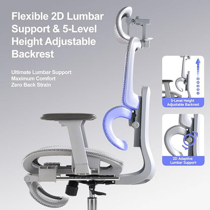 Office Chair with Footrest, Ergonomic Chair with 3D Headrest, Computer Chair with Adjustable Backrest & 3D Armrest, Gaming Chair with Adaptive Lumbar Support, Mesh Backrest & Cushion, Grey