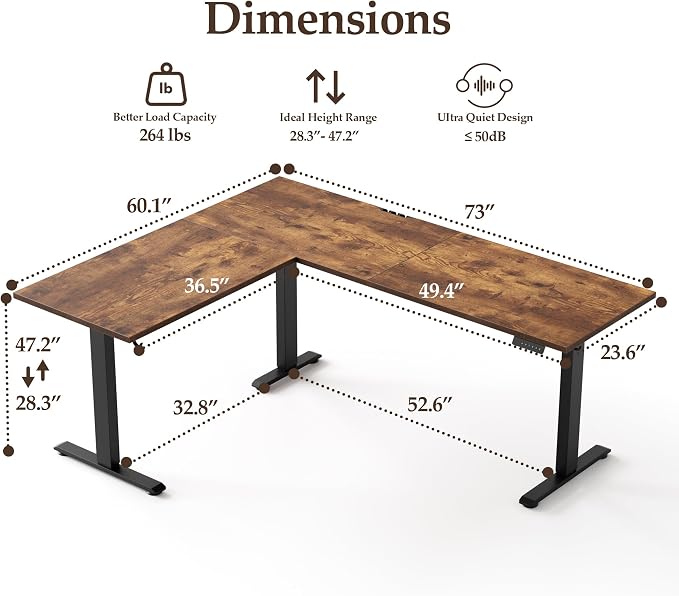 Klicelor L Shaped Standing Desk 73 x 60 Inch, Electric Height Adjustable Corner Desk for Home Office Workstation, Ergonomic Sit Stand Computer Table with Memory Controller, Rustic Brown