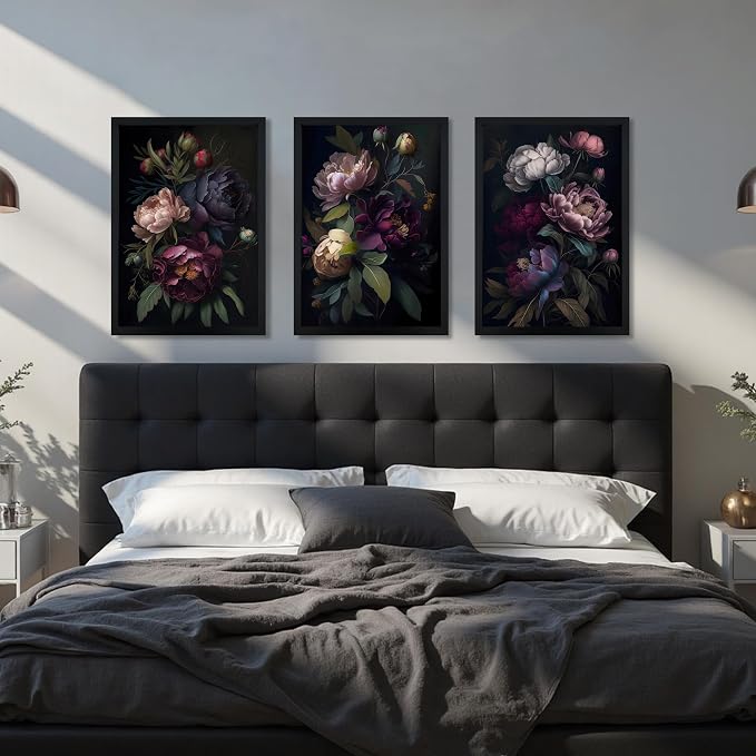 ICHZUMW Moody Peony Floral Canvas Wall Art Set of 3, Black Wood Framed Dark Academia Gothic Botanical Wall Decor, Ready to Hang Fade‑Resistant Flower Pictures for Bedroom Living Room Bathroom, 12×16in