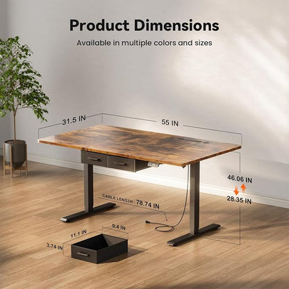HLDIRECT 55" Electric Standing Desk with Outlets & 2 Drawers, Rustic Brown | 31.5" extra-wide desktop, 176lb, 28.35"- 46.06" height range, 3 memory presets, home office ergonomic workstation