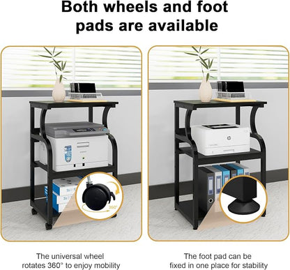 Natwind 3 Tier Printer Stand,Rolling Printer Table with Adjustable Storage Shelf for Home Office Organization,Multifunctional Shelves for Heat Press,3D Printer (Black)