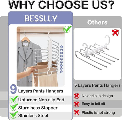 Upgrade 9 Layers Pants Hangers Space Saving, 4 Pack Pant Hangers Organizer Multifunctional Pants Rack Space Saver Closet Organizers and Storage Hangers for Pants Jeans Leggings Skirts, Snowy White