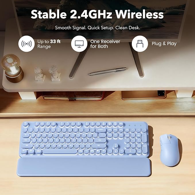 Wireless Keyboard and Mouse Combo, Backlit Round Keycaps, Retro Typewriter Keyboard with Detachable Wrist Rest, Rechargeable & Tilt Legs, 2.4GHz Cordless Connection for Windows/PC (Glowing Purple)