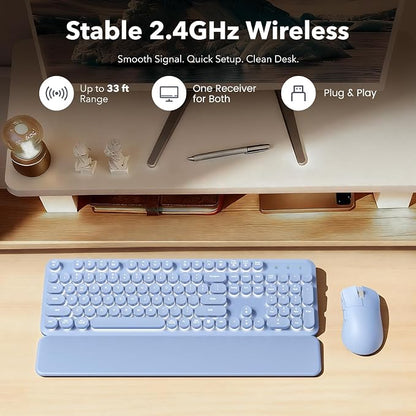Wireless Keyboard and Mouse Combo, Backlit Round Keycaps, Retro Typewriter Keyboard with Detachable Wrist Rest, Rechargeable & Tilt Legs, 2.4GHz Cordless Connection for Windows/PC (Glowing Purple)