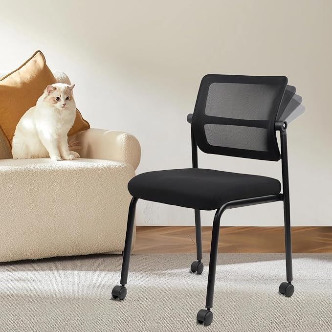 CLATINA Mesh Stacking Office Desk Chairs with Wheels, Portable Stackable Bulk Waiting Room Armless Chair with Adjustable Back & Fabric Seat for Guest Lobby Side School Church Conference Break, Black