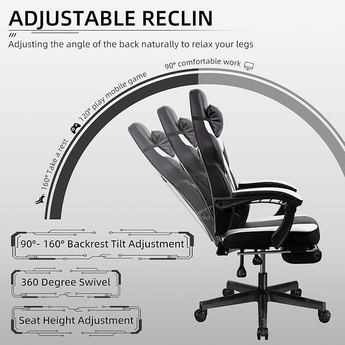 Shintenchi Gaming Chair,Video Game Chair with footrest and Massage Lumbar Support,Height Adjustable Game Chair with 360°Swivel Seat Ergonomic Computer Chair with Headrest for Office or Gaming(White)