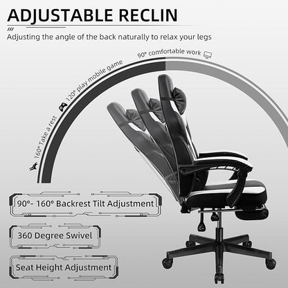 Shintenchi Gaming Chair,Video Game Chair with footrest and Massage Lumbar Support,Height Adjustable Game Chair with 360°Swivel Seat Ergonomic Computer Chair with Headrest for Office or Gaming(White)