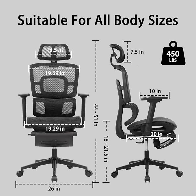 Ergonomic Office Chair with Footrest, Big & Tall, 4D Adjustable Armrests, Comfy Swivel Rolling Mesh Computer Desk Chair with Lumbar Support, Wheels for Office, Home, Gaming, S3 Elite Pro
