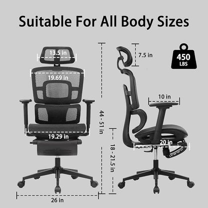 Ergonomic Office Chair with Footrest, Big & Tall, 4D Adjustable Armrests, Comfy Swivel Rolling Mesh Computer Desk Chair with Lumbar Support, Wheels for Office, Home, Gaming, S3 Elite Pro