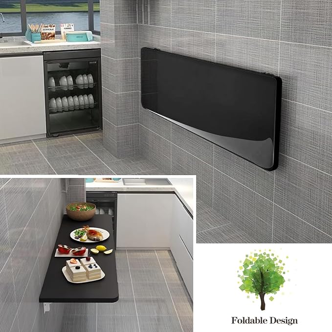 Wall Mounted Folding Table,Black Floating Desk for Small Spaces,Stainless Steel Bracket Laundry Folding Table,Wall Folding Desk,Home Bars and Dining Establishments(80X50cm/31.5"×19.7")