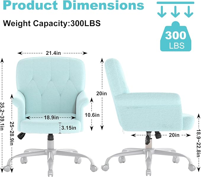 Comfy Home Office Desk Chair, Upholstered Fuzzy Vanity Chair with Wheels and Arms, Modern Adjustable Swivel Computer Seat for Make Up, Home Office, Living Room, Bedroom, Teddy Fleece, Blue