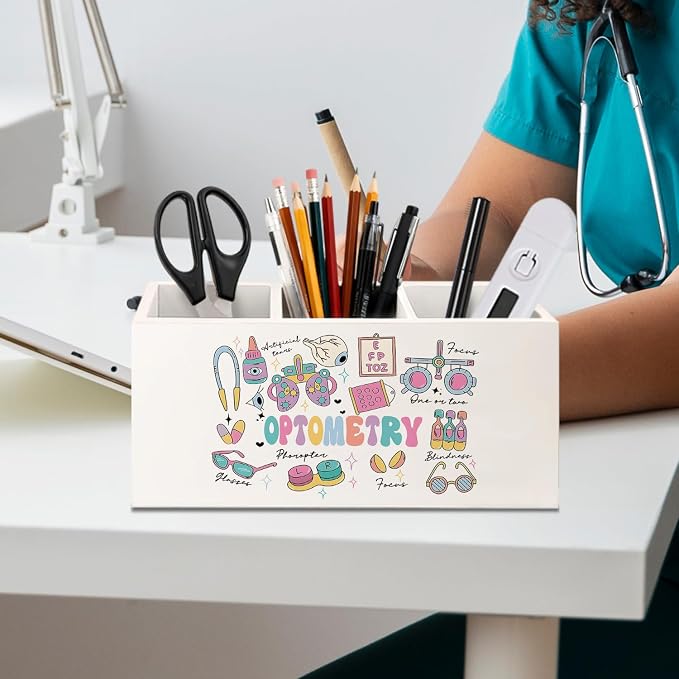 Optometry Gifts Pen Holder for Desk, Eye Doctor Gifts Wooden Box Sign Desk Decor for Office Home Decoration, Gift for Optician Ophthalmic Technician Pencil Organizer