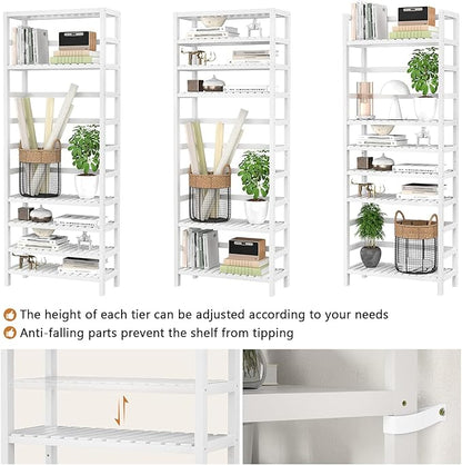 Homykic 6-Tier Bamboo Bookshelves and Bookcases, Adjustable 63.4”Tall Shallow Book Shelf Organizer Rack, Freestanding Storage Shelving Unit for Living Room, Kitchen, Bathroom, Office, White