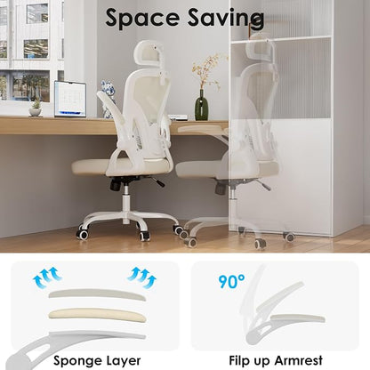 Farini Ergonomic Office Chair, Home Office Desk Chair with Headrest, High Back Swivel Computer Chair with Armrests and Adjustable Lumbar Support for Home Office Study Room, White & Beige