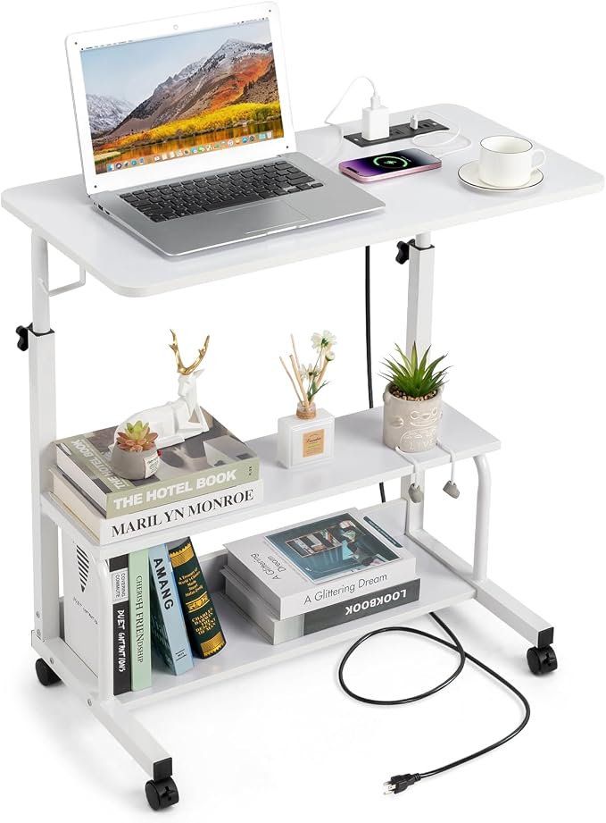 Karl home 31.5" Portable Rolling Desk on Wheels,Height Adjustable Standing Desk with 2 AC Outlets/3 USB Ports,Mobile Laptop Table with Hooks and Storage Shelves for Home Office,White