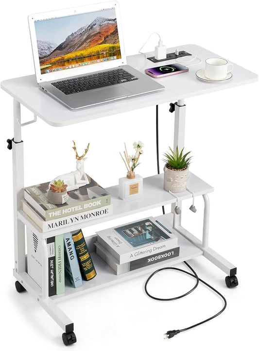 Karl home 31.5" Portable Rolling Desk on Wheels,Height Adjustable Standing Desk with 2 AC Outlets/3 USB Ports,Mobile Laptop Table with Hooks and Storage Shelves for Home Office,White