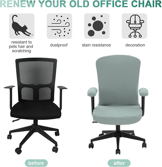 Tatuo 3 Pcs Computer Office Chair Cover Universal Rotating Chair Slipcovers Protector Removable Washable Office Armrest Covers with Zipper for High Back Seat Backrest(M,Argyle,Green)