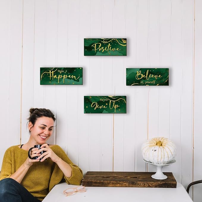 FENCORDAR 4 Piece Green and Gold Wall Decor Set Motivational Wall Decor Inspirational Wooden Signs for Bedroom Bathroom Women’s Office Abstract Elegant Art for Home or Office Decoration 10X4 Inches