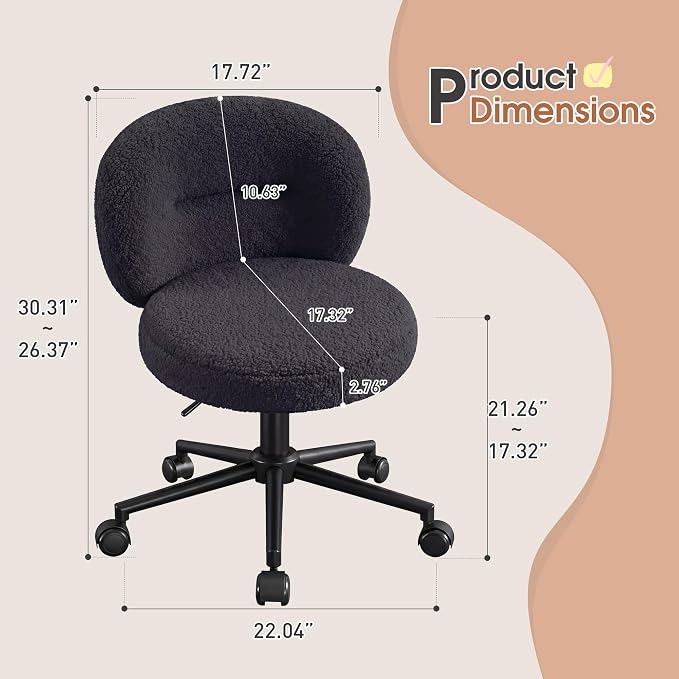 Homkdom Small Round Desk Chair, Armless Vanity Chair with Wheels, Height Adjustable & 360° Swivel, Cute Comfy Vanity Computer Chair for Bedroom, Home Office, Black