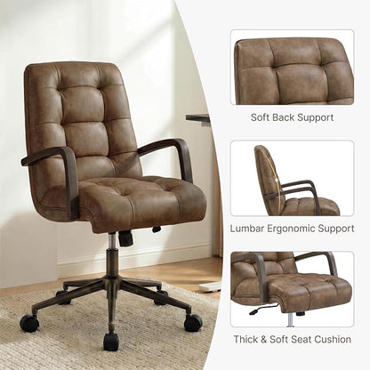 KISLOT Home Office Desk Chair, Ergonomic Office Chair with Square-Patterned Leather Upholstery, Adjustable Swivel Computer Chair with Wood Arms & Wheels, Soft-Rounded Front Edge, Brown