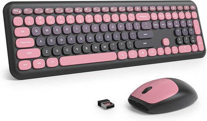 Surmen Black Pink Keyboard and Mouse Wireless Quiet, Full-Size Girly Slient Keyboard Retro Typewriter Low-Noise 2.4GHz for Computer, Desktop, Laptop (110-Heimei Pink)